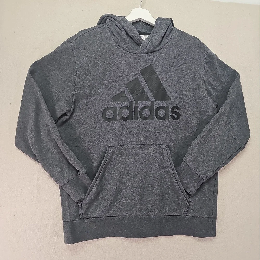 Adidas Men's Large ESS LIN Pullover FT Hoodie Gray CE1934 Sweatshirt Kangaroo